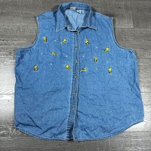 Looney Tunes Tweety Bird Denim Sleeveless Button Up Shirt Womens 26 28W Plus